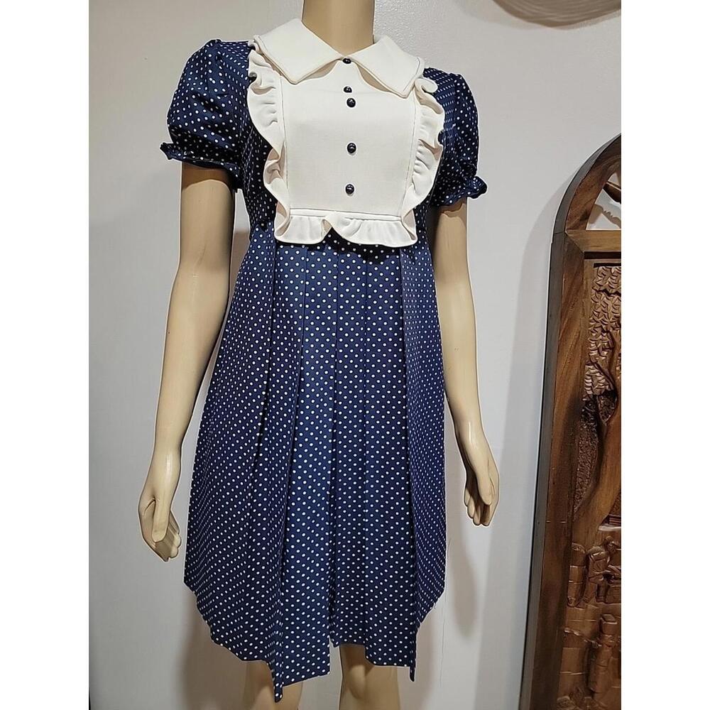 Union Made Polka Dot Sz 13 Navy Ivory Puff Sleeves Pleated Ladies Dress #W3